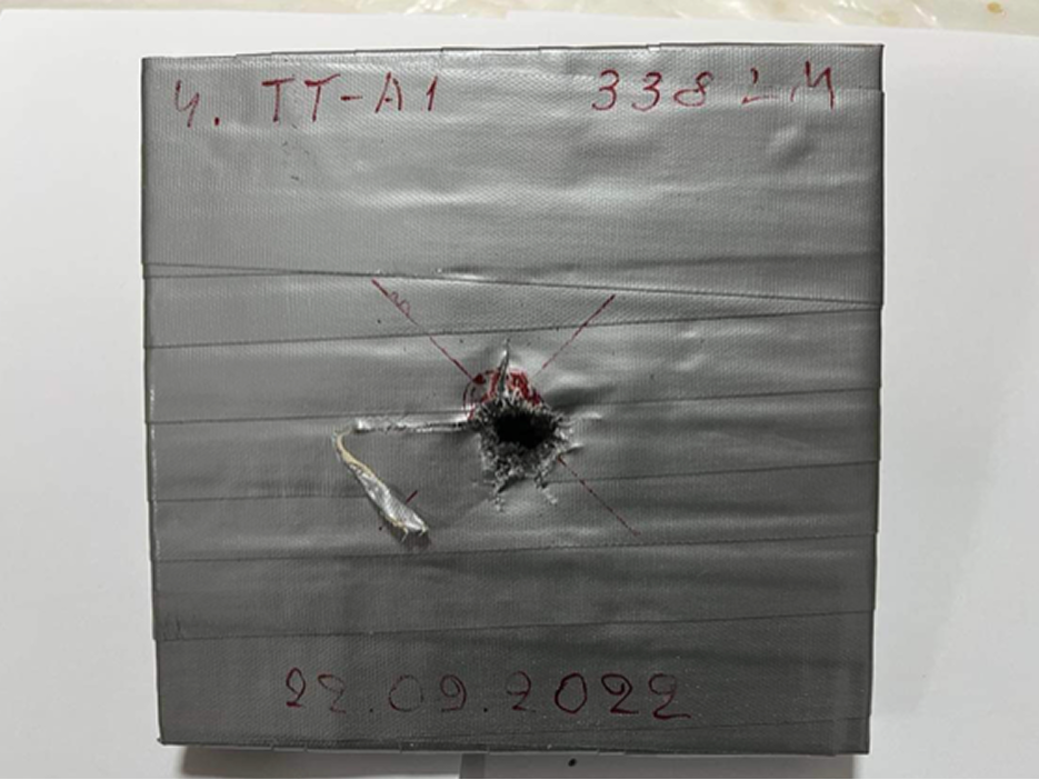 Armor panel after 338 Lapua Magnum ballistic impact